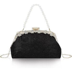 ⚡ Women's Fabric Lace‎ Pearl Chain Rhinestones Black Shoulder Clutch Bag